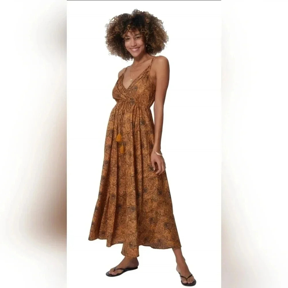 NWT Aller Simplement Women's One Size Maxi‎ Dress Brown Orange Paisley Print